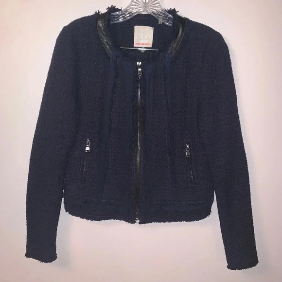 Rebecca Taylor *Navy Blue* Frayed Fringe Tweed Blazer Jacket Leather Accents 4 - Picture 2 of 15
